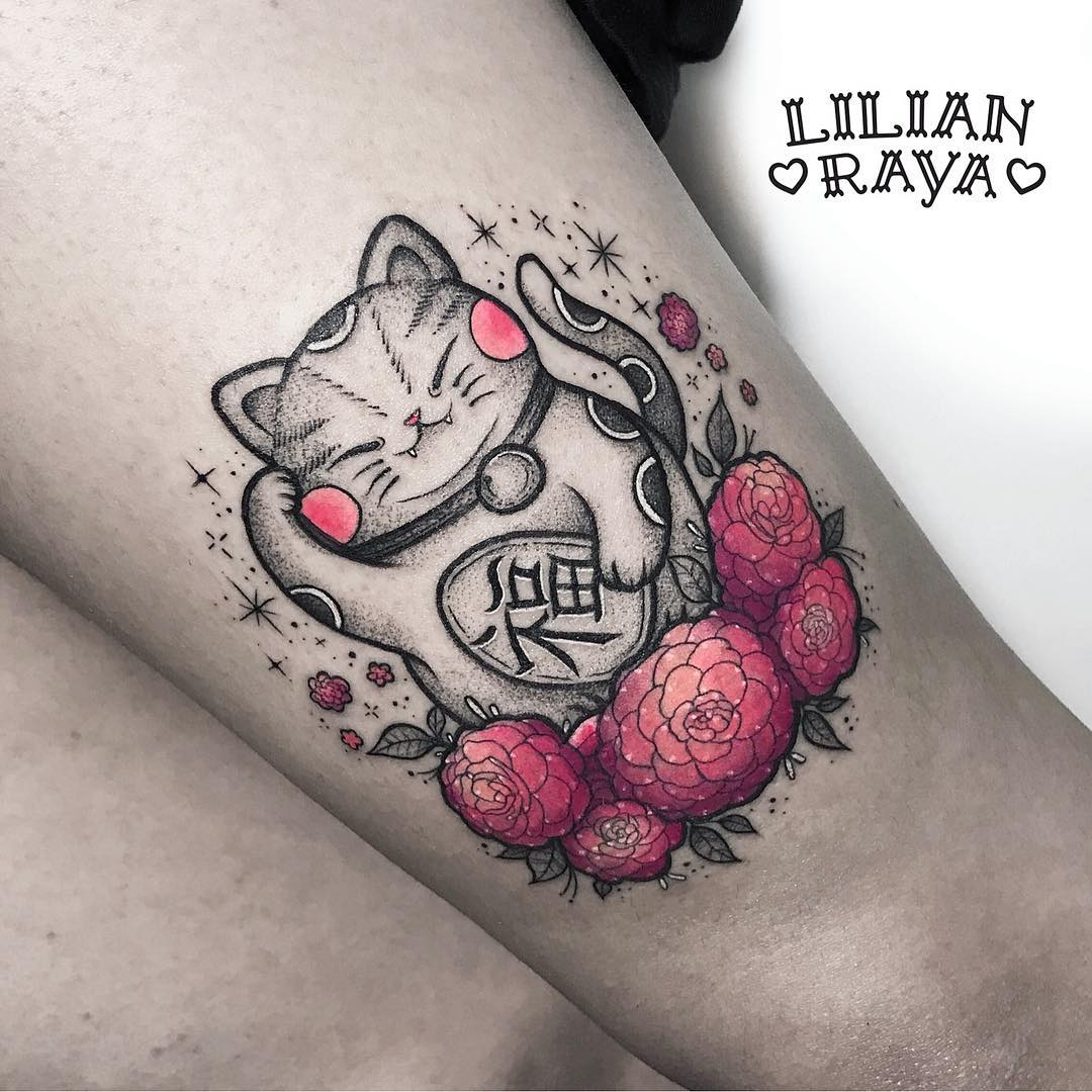 Japanese Pink Cat Tattoo