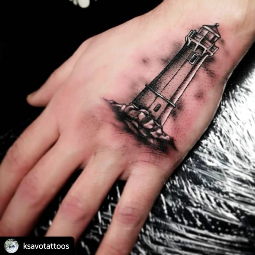 Simple Lighthouse Hand Tattoo