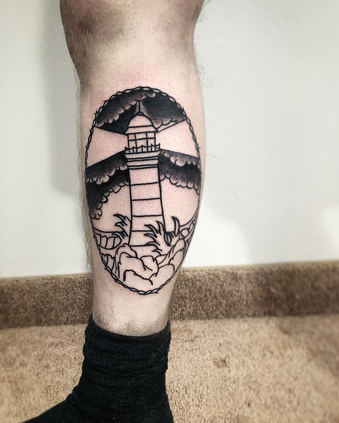 Black and White Lighthouse Tattoo