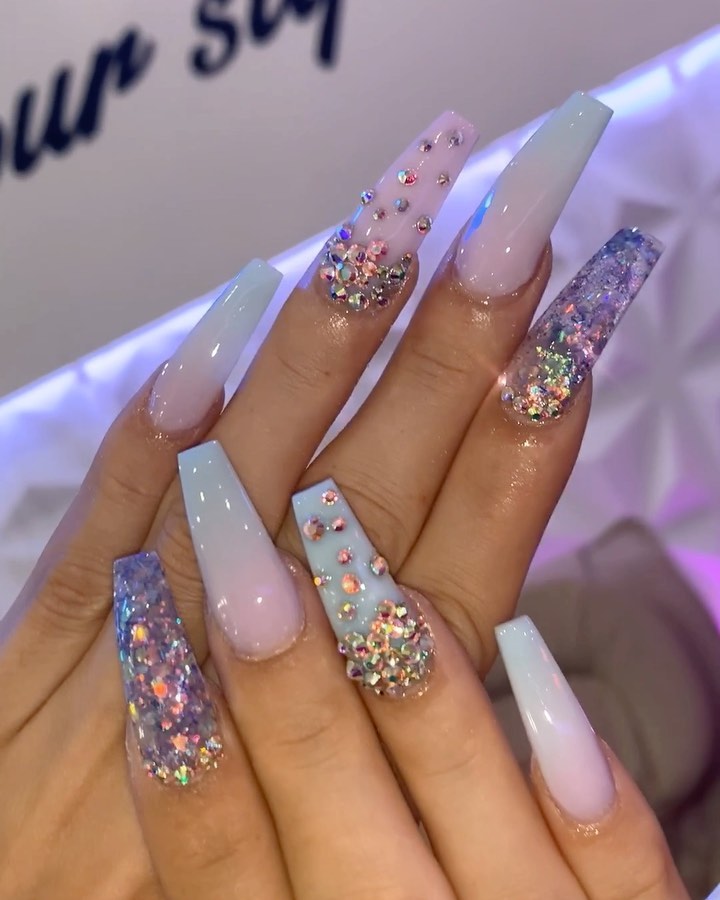 Cute Blue Acrylic Nails With Glitter - Summer and colors go hand in