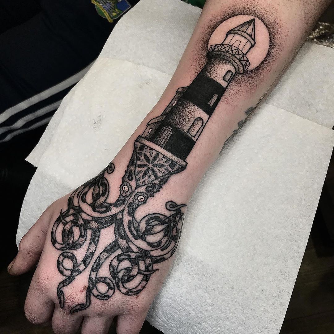 Lighthouse Hand and Arm Tattoo