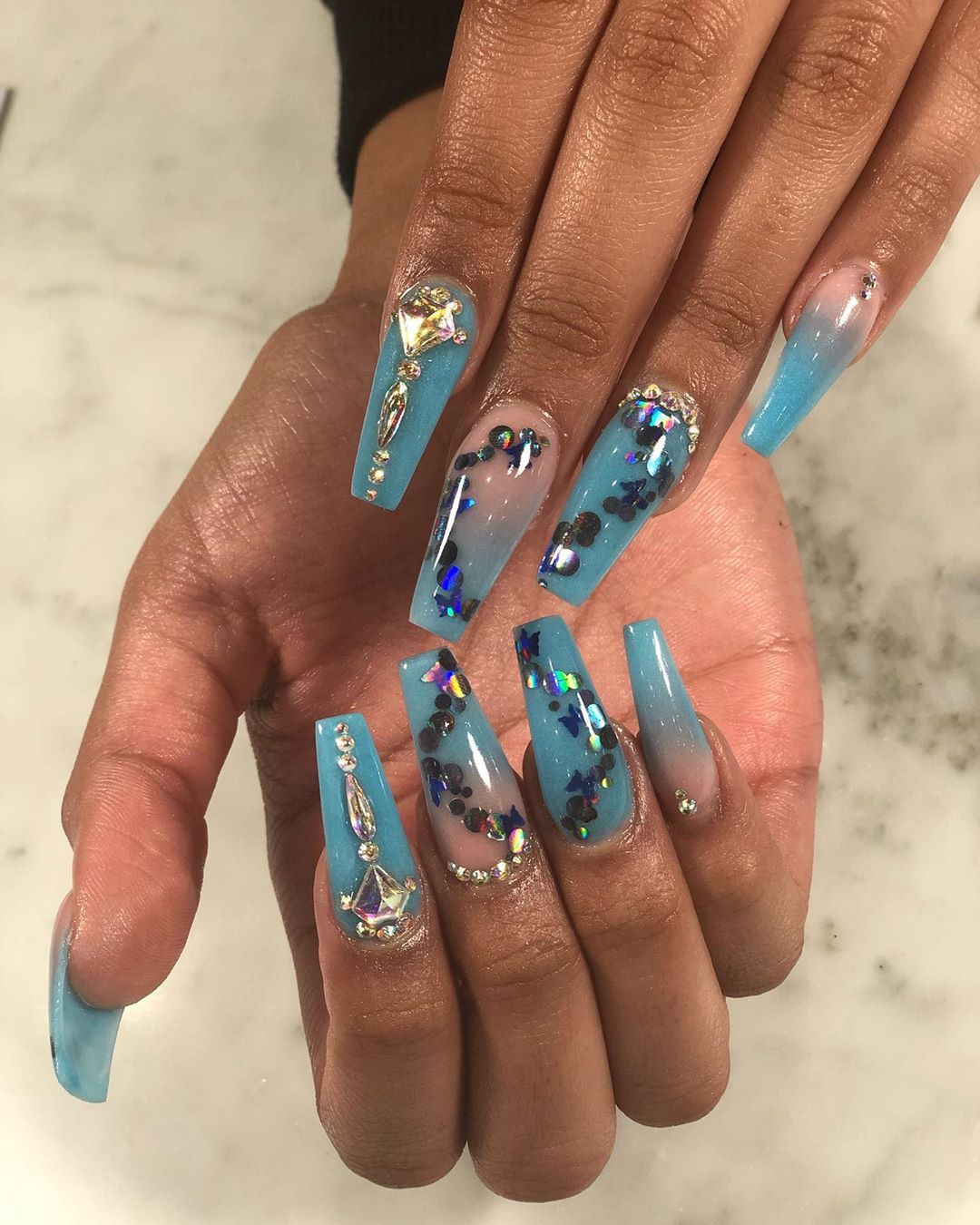 Blue Ombre Nails with Jewel Motif