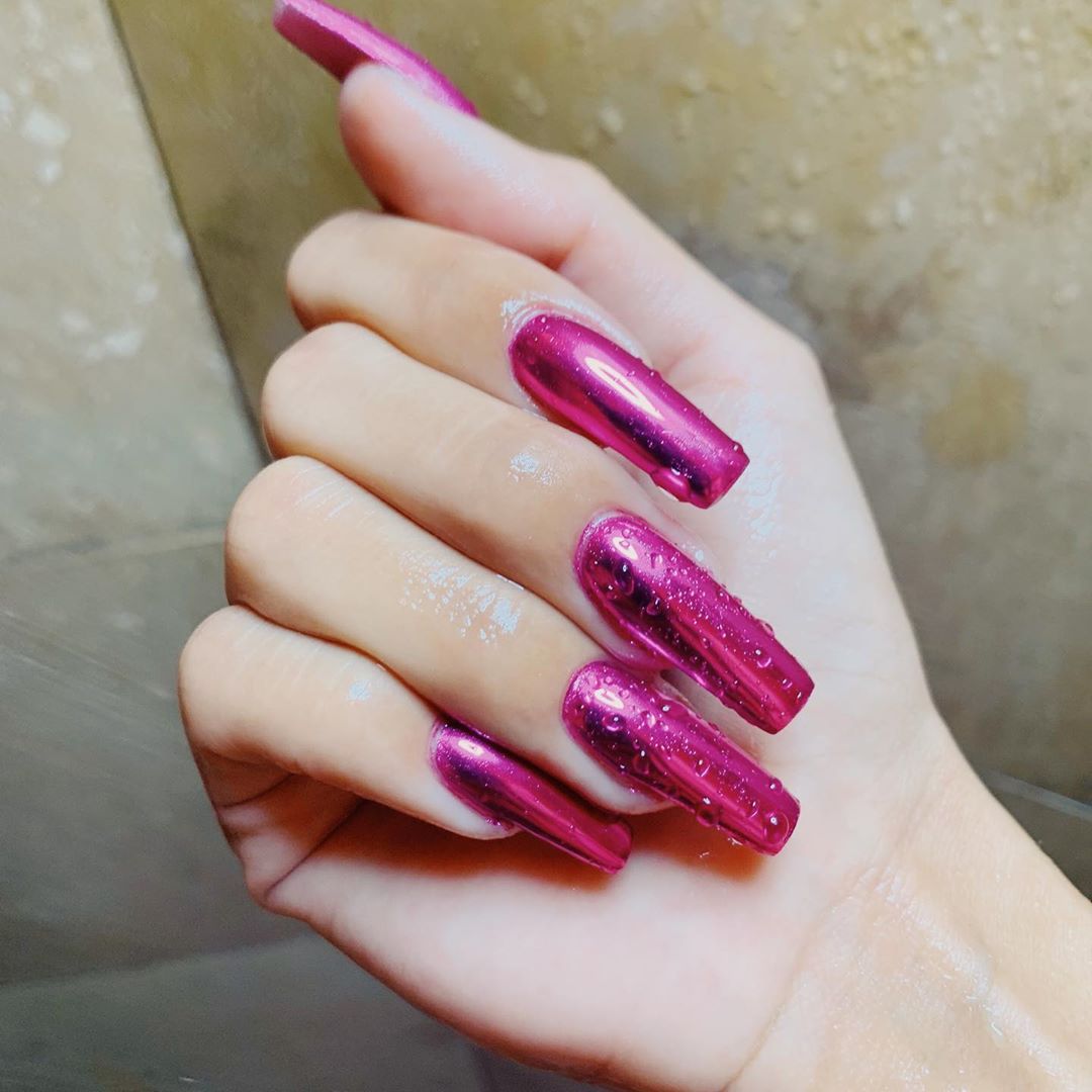 Coffin pink chrome nails