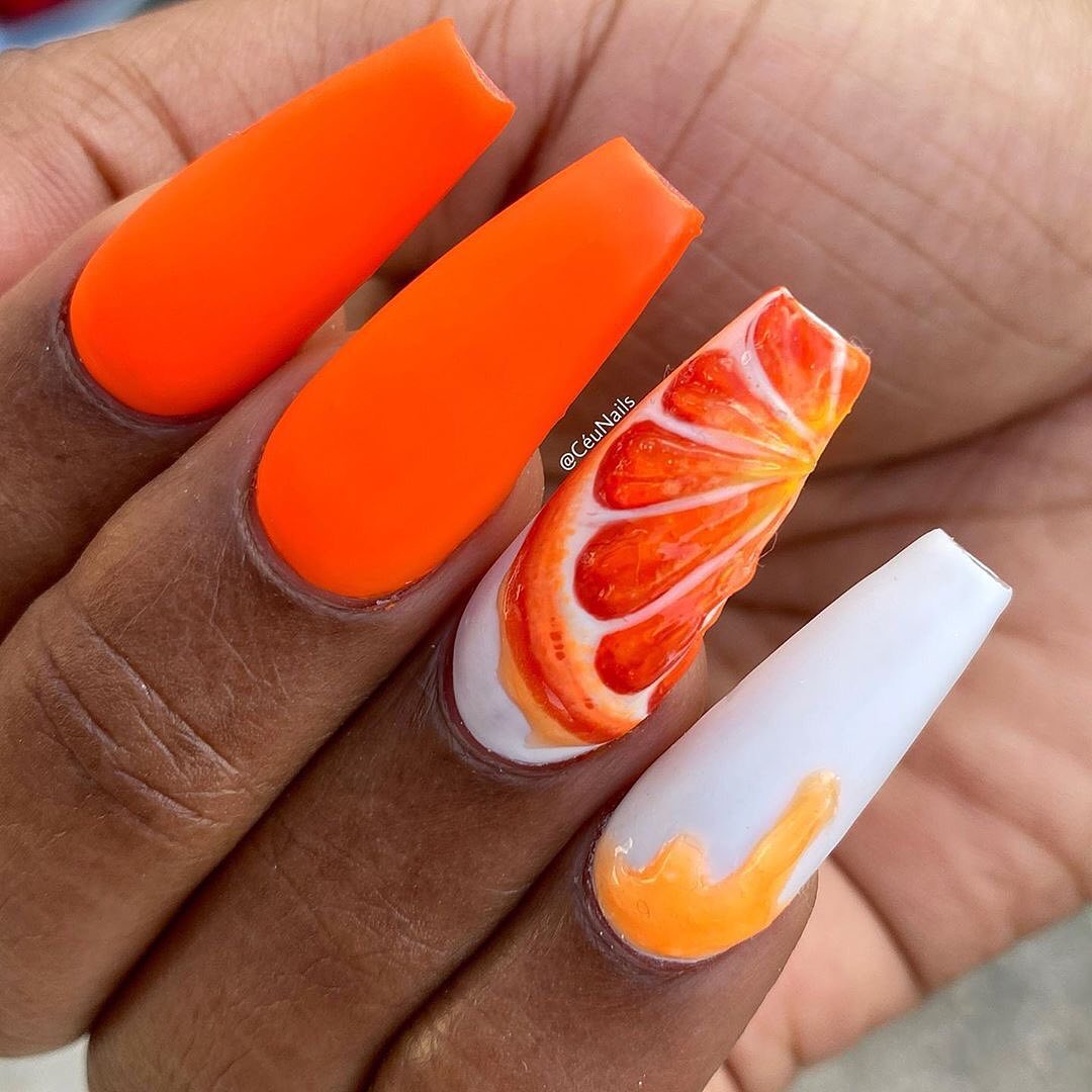 Orange coffin nail designs