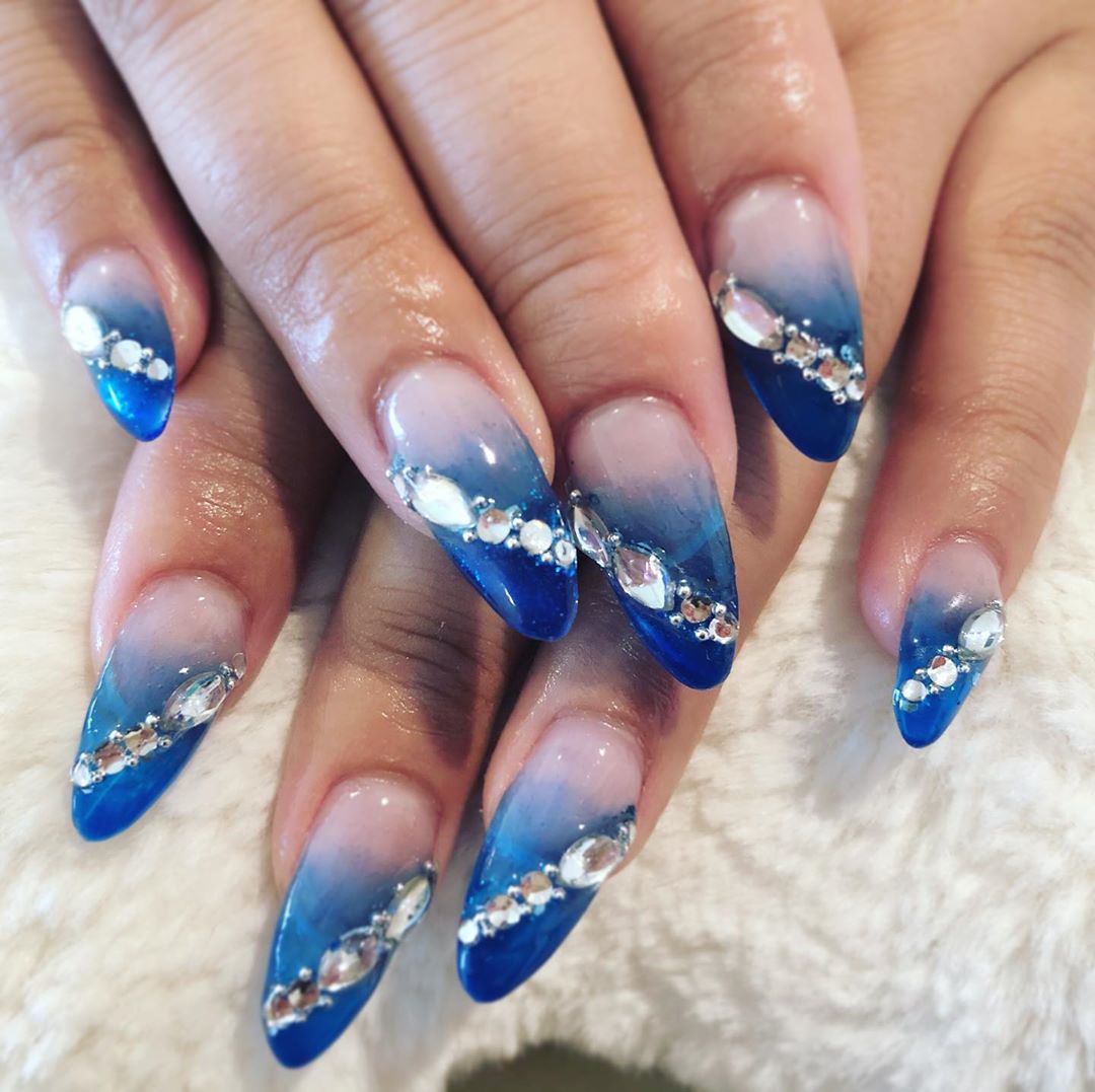 Blue Ombre Nails with Rhinestones