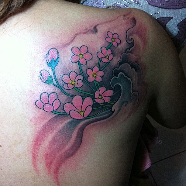 Japanese cherry blossom shoulder tattoo 
