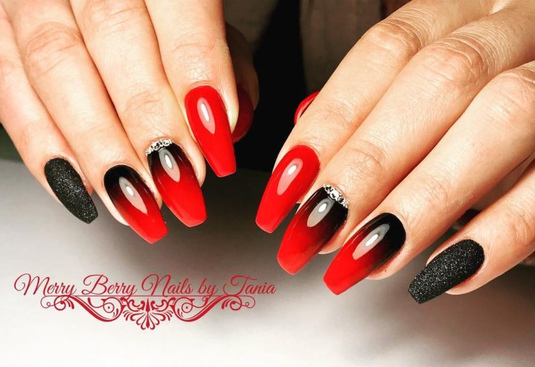 3. Red and Black Ombre Nail Design with Rhinestones - wide 1