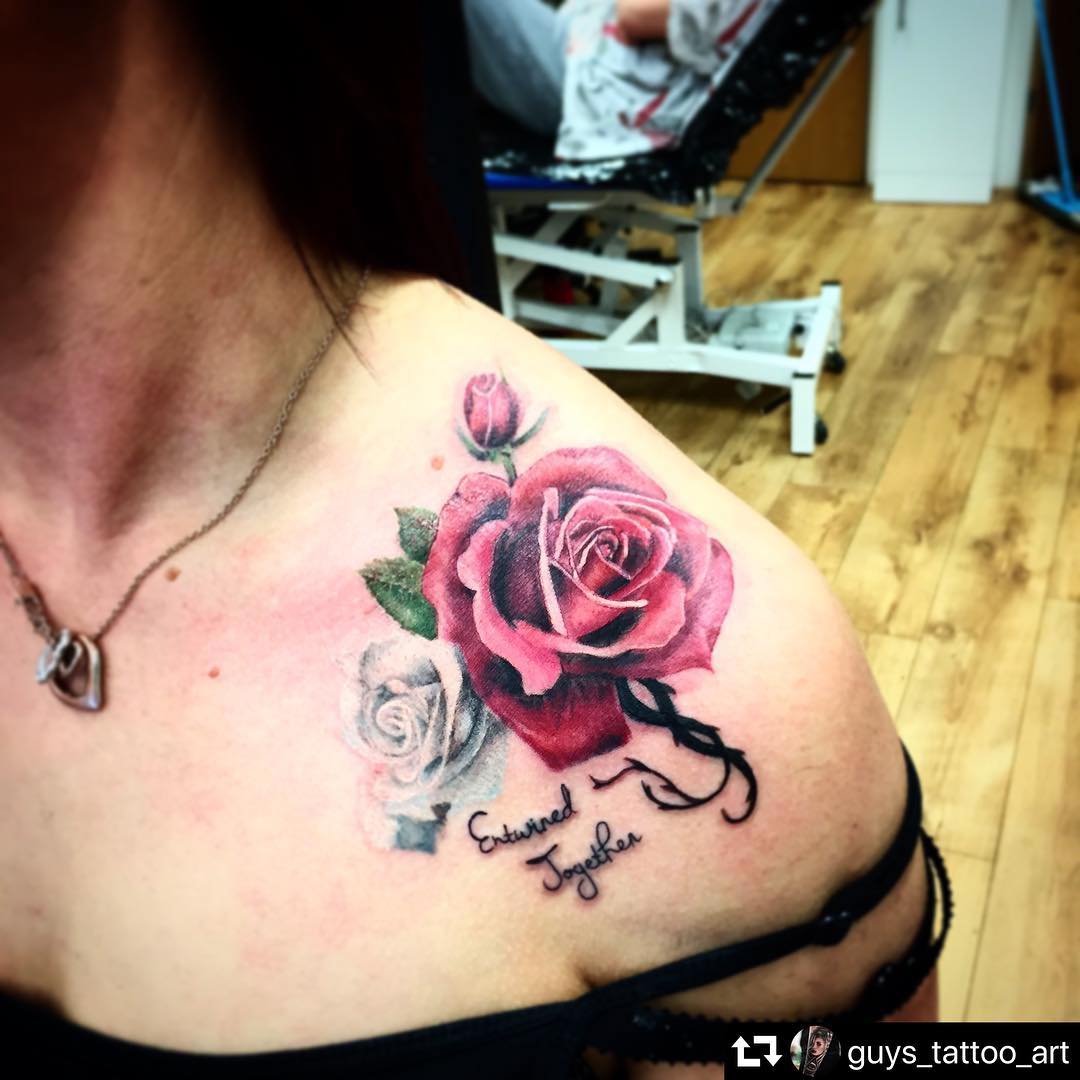 Very detailed rose shoulder tattoo design