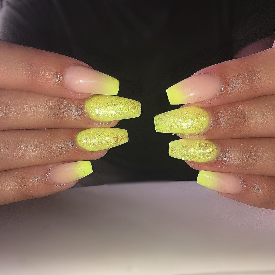 Yellow Acrylic Nails Glitter & Ombre