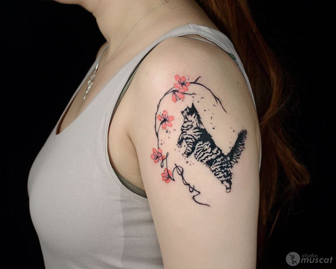 Japanese cherry blossom tattoo with cat