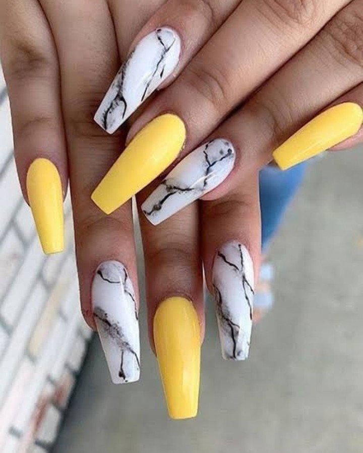 Yellow Acrylic Nails with Marble effects