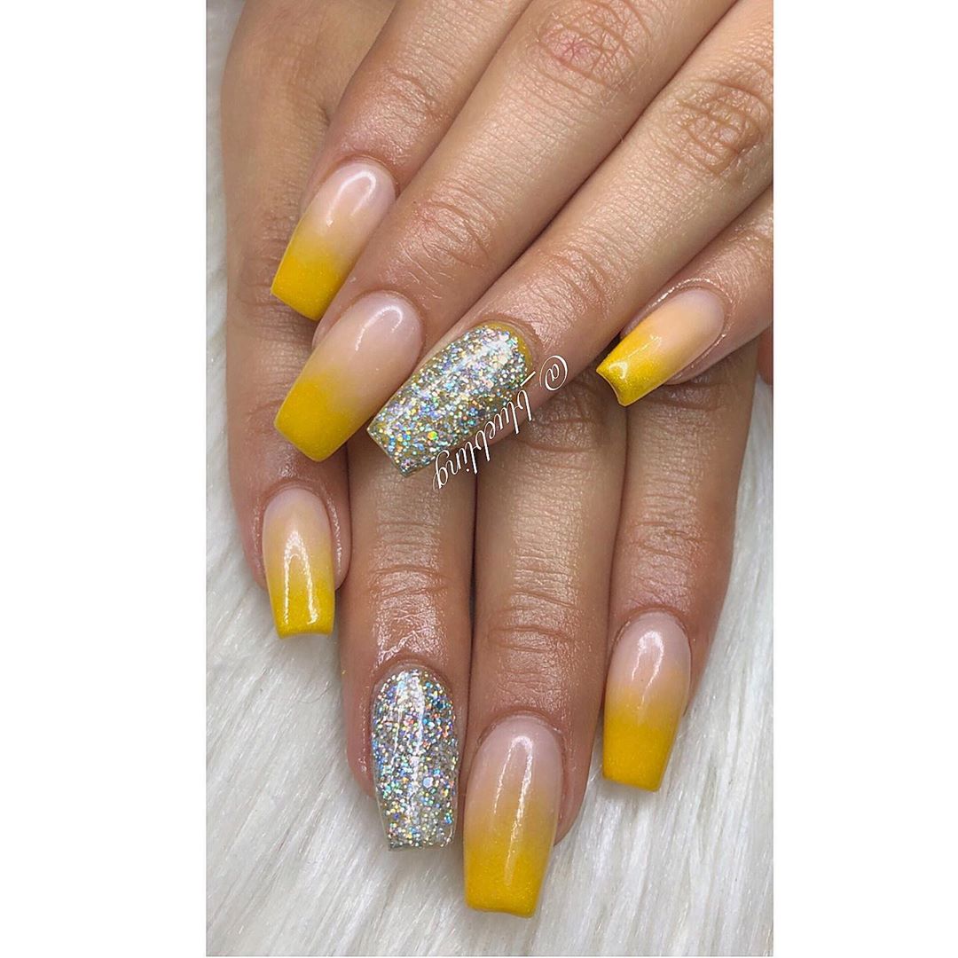 Mix of Ombre and Glitter Yellow Acrylic Nails 