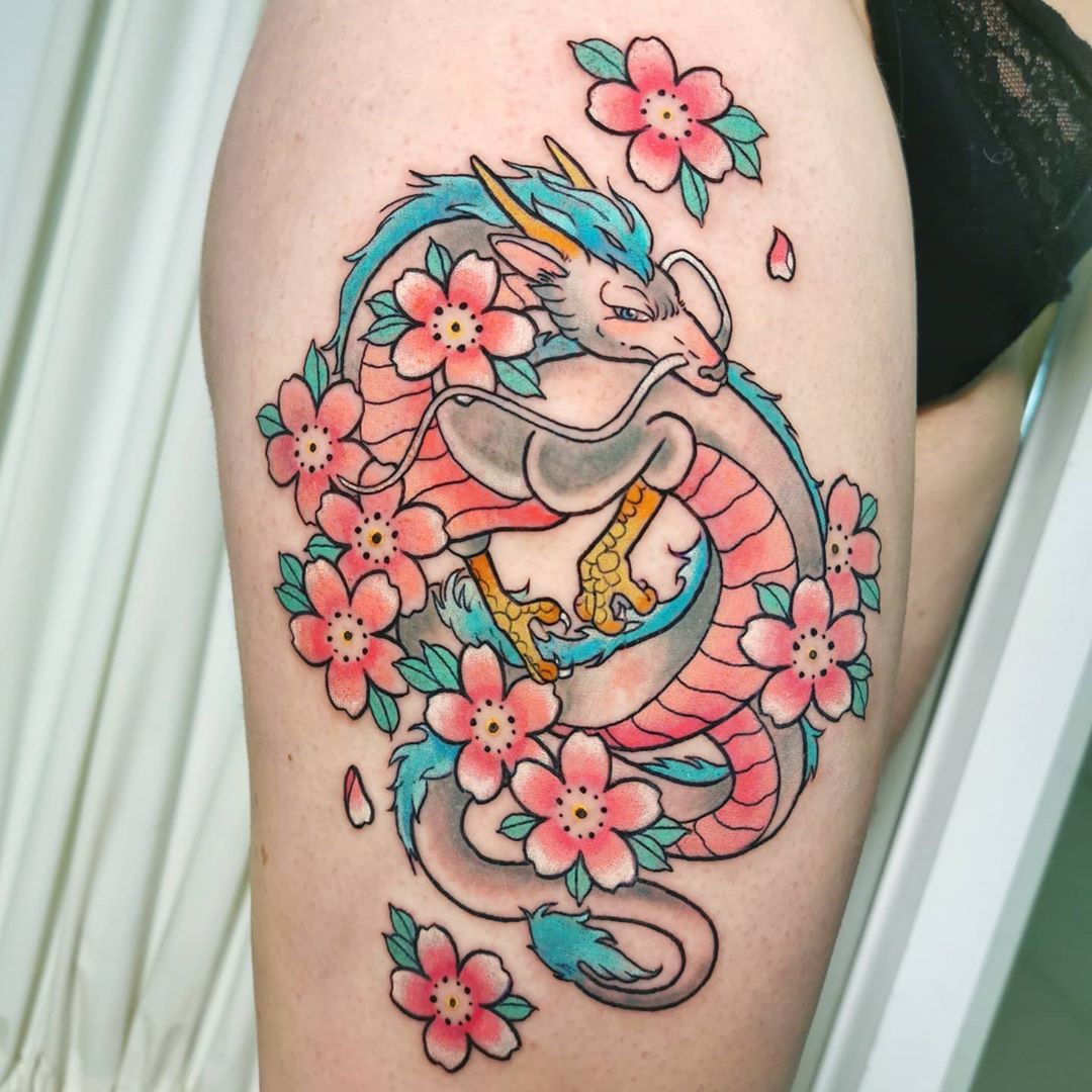 Japanese Sakura tattoo plus a dragon