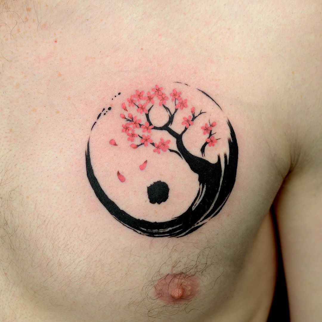 Japanese Sakura tattoo drawn with tree of life