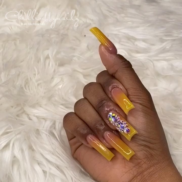 Diamond design Yellow Acrylic Nails 