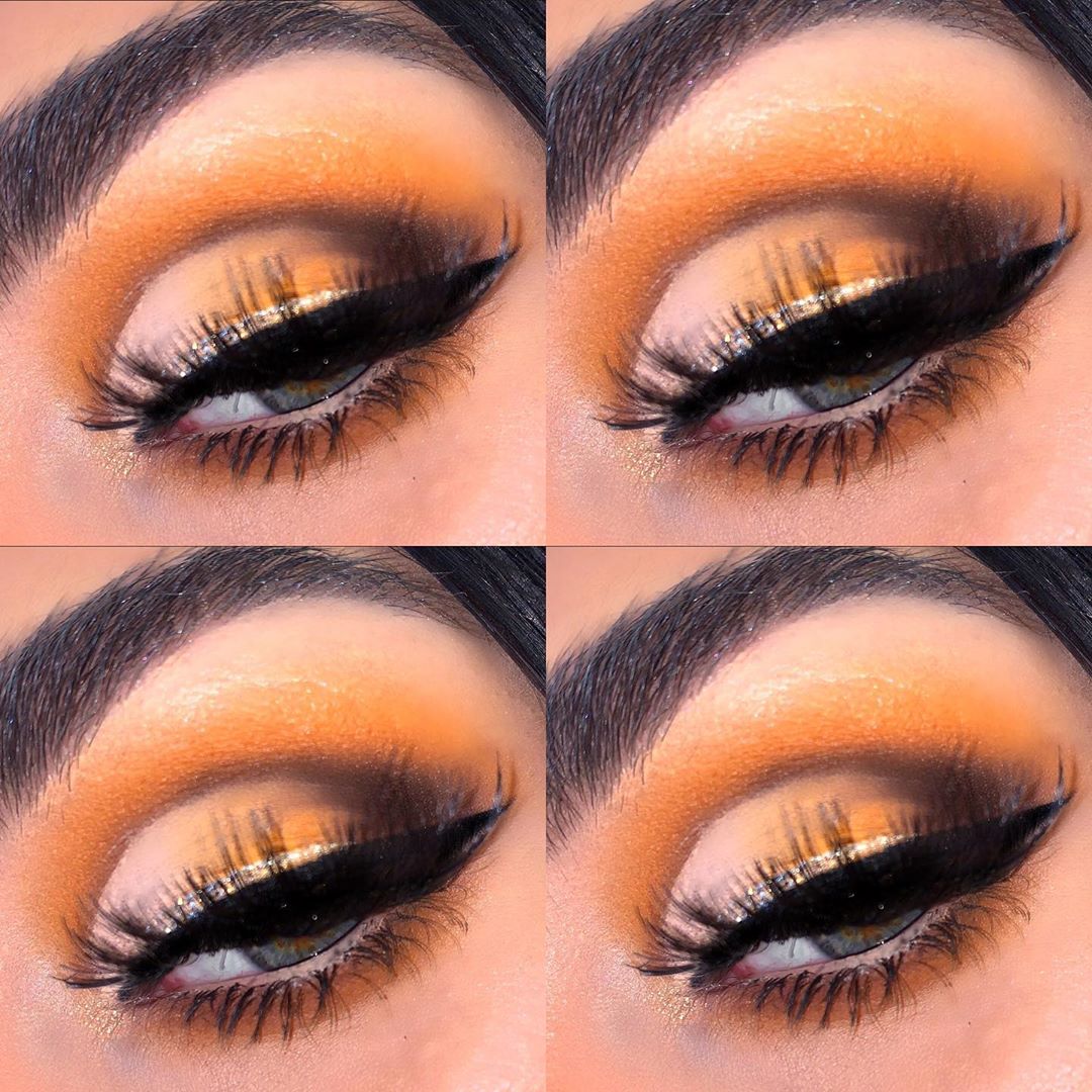 four images of orange winged eyeliner