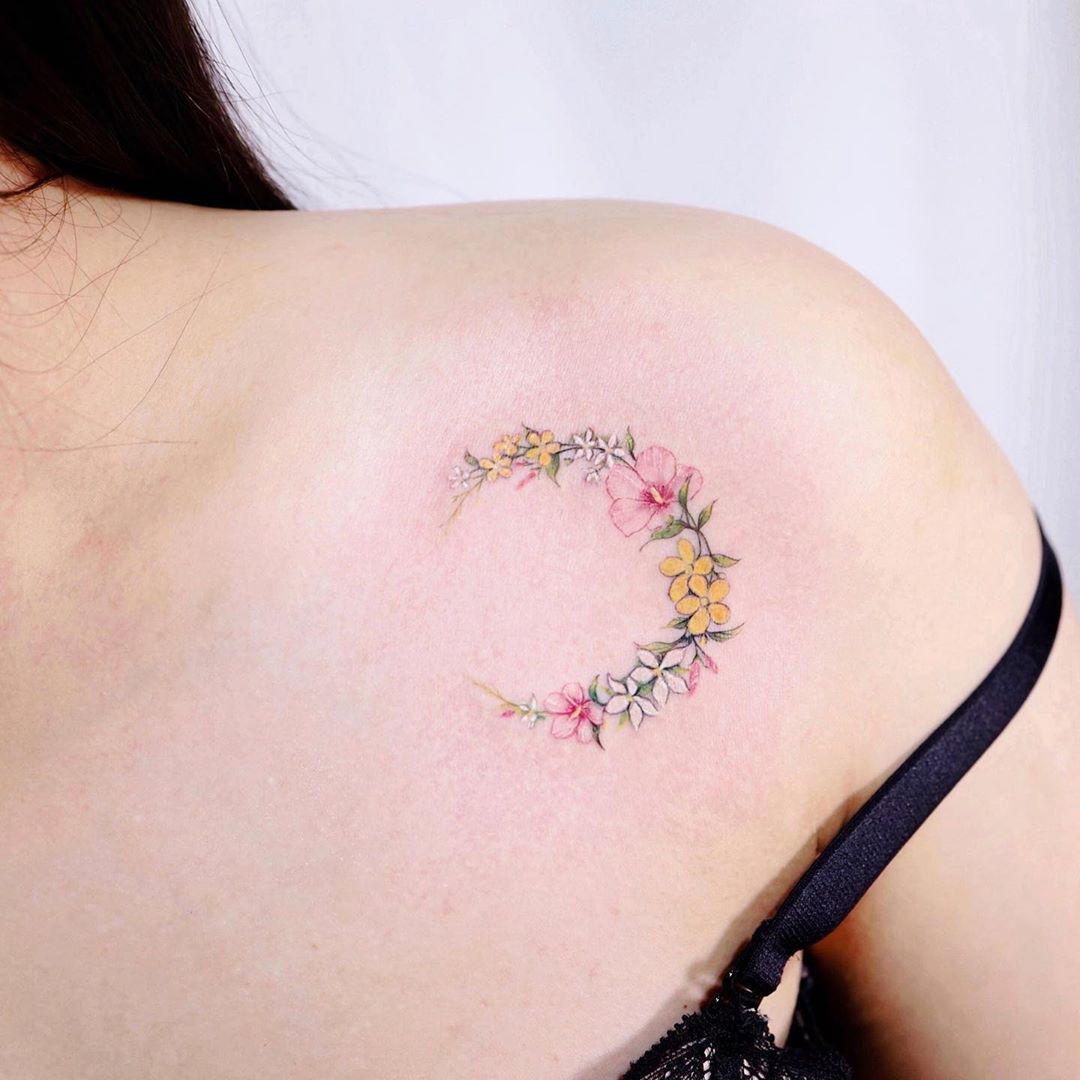 Floral Crescent Moon Tattoo