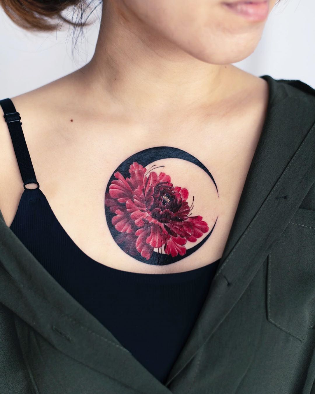 Chest flower Crescent Moon Tattoo