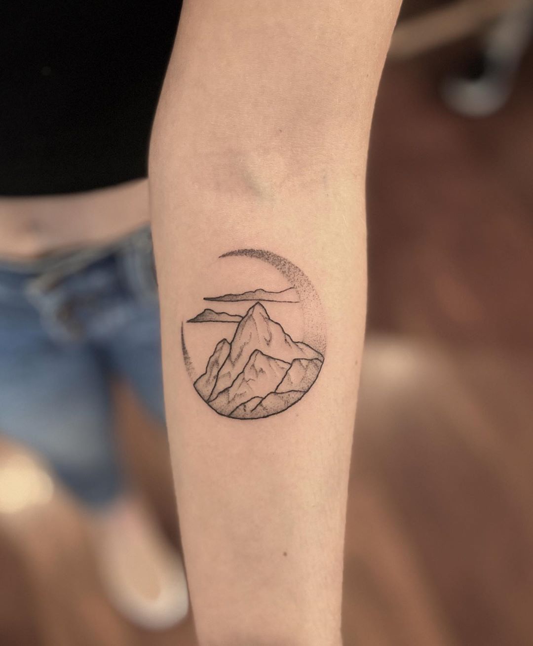 Mountain inside shape of Crescent Moon Tattoo