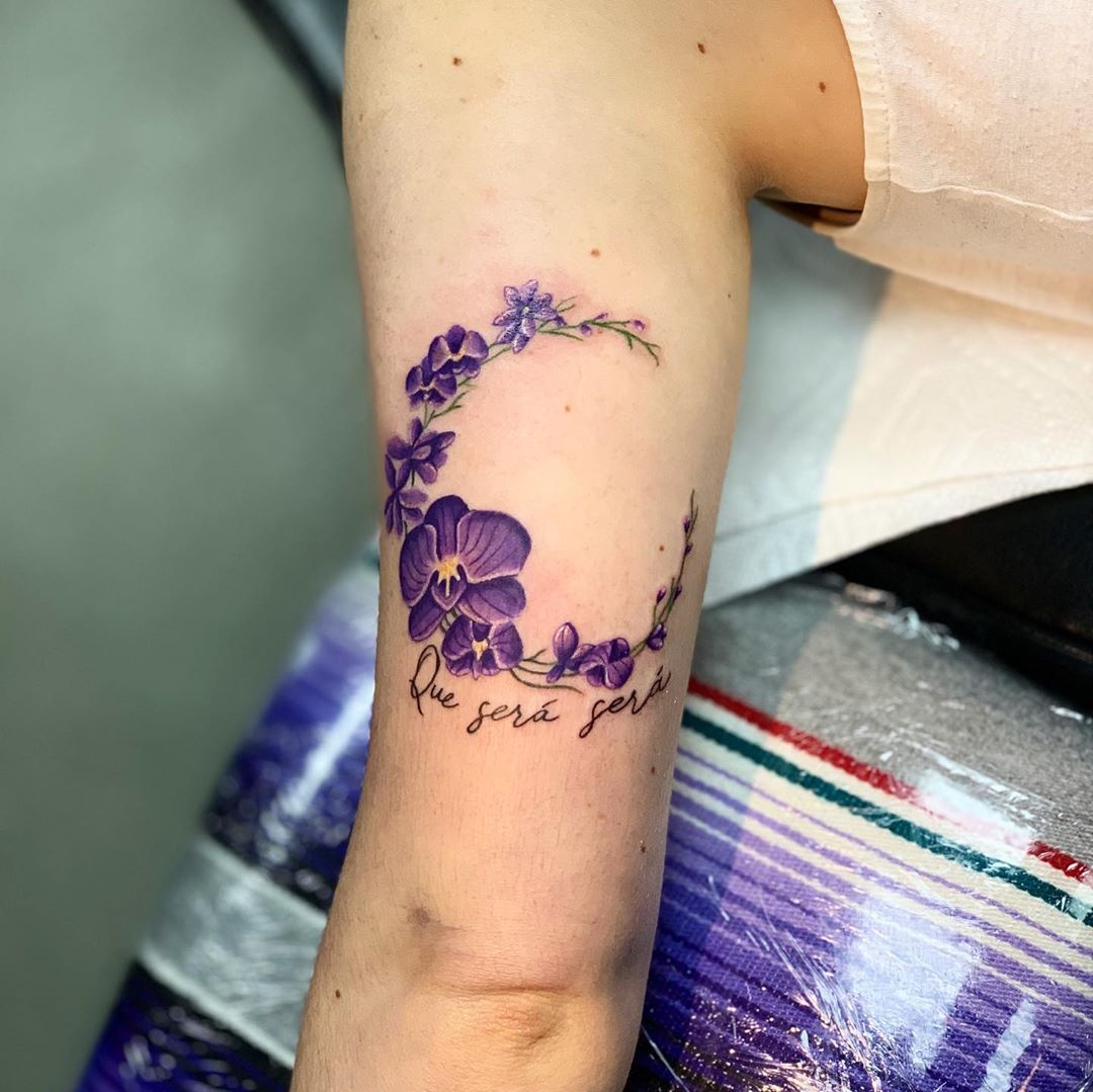 Crescent Moon Tattoo in flowers with quote