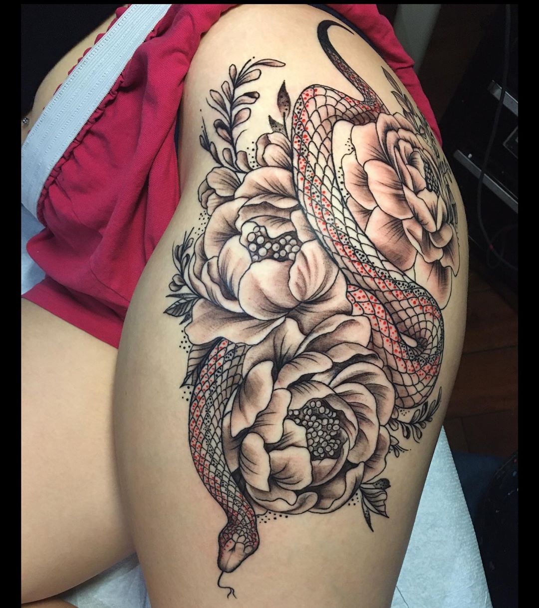 Image of Peony Tattoo with snake design
