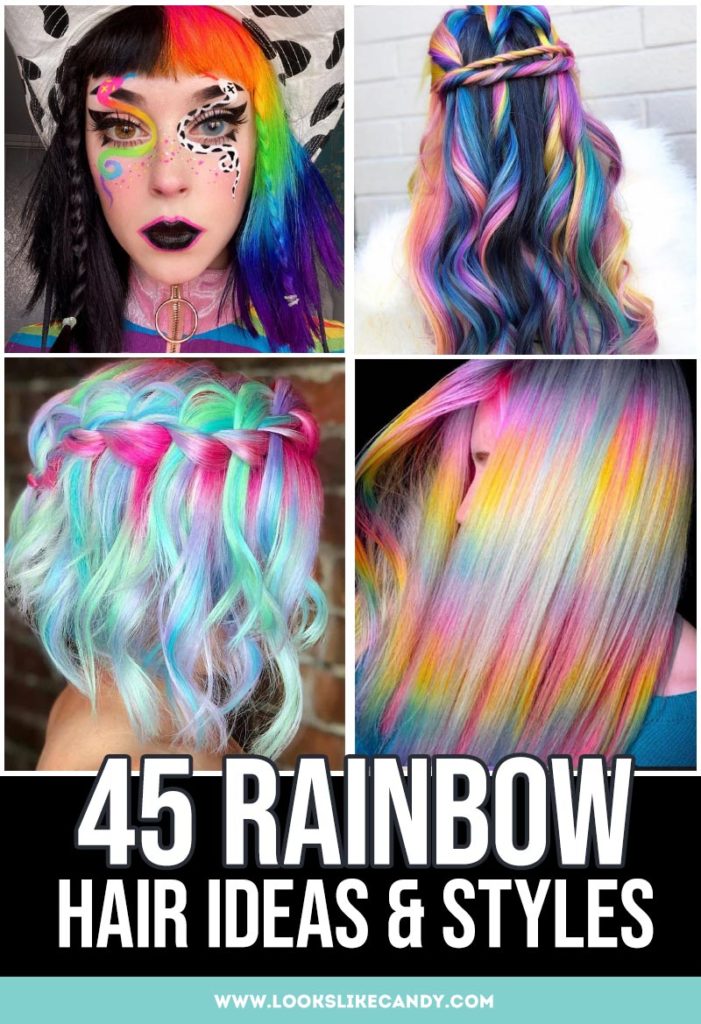 Four inspirational rainbow hair ideas in a collage image